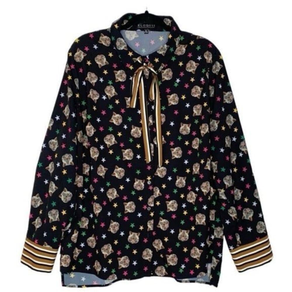 Eloquii Cats and Stars Long Sleeve Button Down Shirt WITHOUT Bow Tie Front